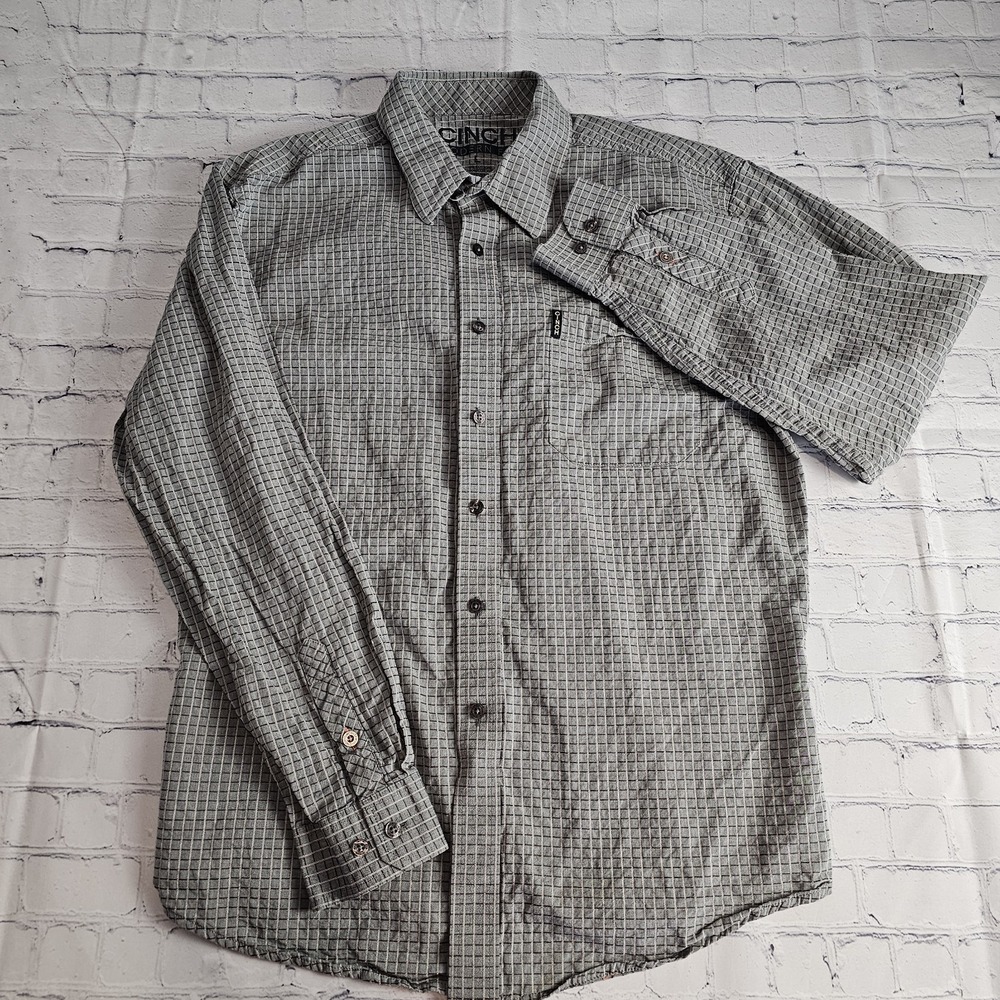 Cinch Long Sleeve Button Down Shirt Mens Large Modern Fit Gray Check 100% Cotton